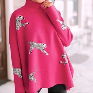 NOC Pink With Cheetahs On The Prowl Oversized Christine Sweater Hot Pink Cowl M